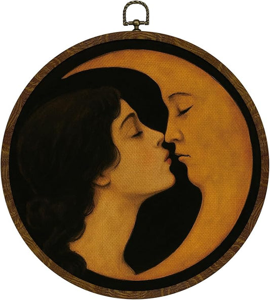 KLYTINK Romantic Moon and Young Girl Round Wall Art,Vintage-Inspired Celestial Canvas Print, Surreal Moon and Woman Hanging Decor for Bedroom, Gallery Wall, or Dreamy Space 10''x10''