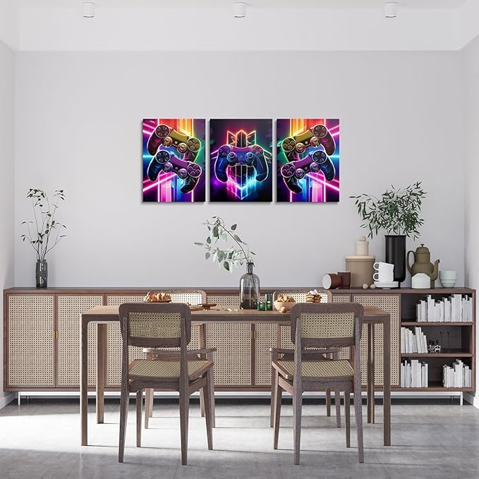Feelyou Gamer Canvas Wall Art For Living Room 12"X 16"3 Piece Game Controller Picture Wall Decor Gaming Gifts Bathroom Art Gamepad Office Decorations Artwork Posters Blue Painting