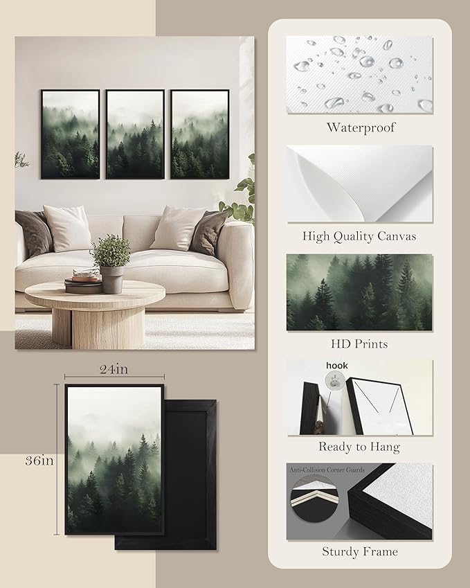 SHENIFY Green Fog Pine Tree Forest Canvas Wall Art Large 24x36in Framed Modern Artwork Prints Decor - Black Framed