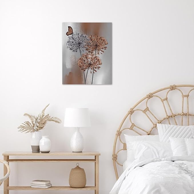 LB Vintage Abstract Dandelion Flower Wall Art Farmhouse Brown and Grey Floral Butterfly Canvas Wall Art Modern Minimalist Wall Decor for Bedroom Bathroom Living Room Framed Ready to Hang 10L x 8W