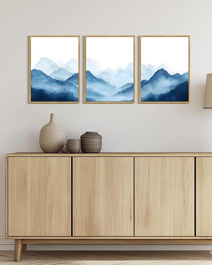 Drsoum Blue Fog Mountains Landscape Wall Art Framed Vintage Nature Misty Nordic Prints Ink Wash Watercolor Boho Farmhouse Rustic Artwork Hallway Bedroom Ready to Hang 12x16in Natural Framed