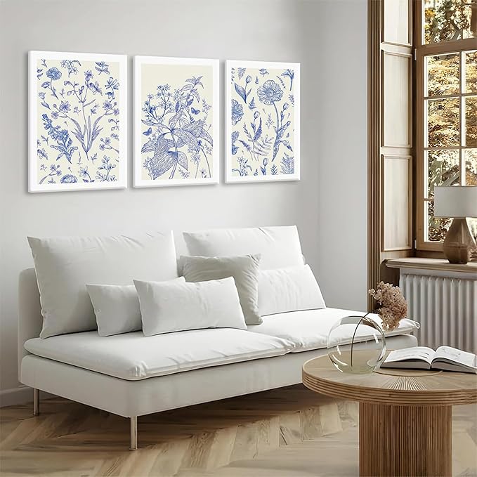 LYPHNX Framed Blue White Chinoiserie Floral Canvas Wall Art Navy Watercolor Flower Painting Posters Set of 3 Minimalist Botanical Wildflower Prints Picture Home Decor for Bedroom Living room 12"x16"