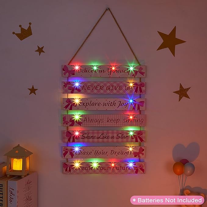 FIOBEE Girls Room Décor for Teen Girls Boys with LED Light Wall Decor for Bedroom Motivational Inspirational Wall Art Room Decoration for Kids Studyroom, 8 Kinds of Lights, Pink Bow