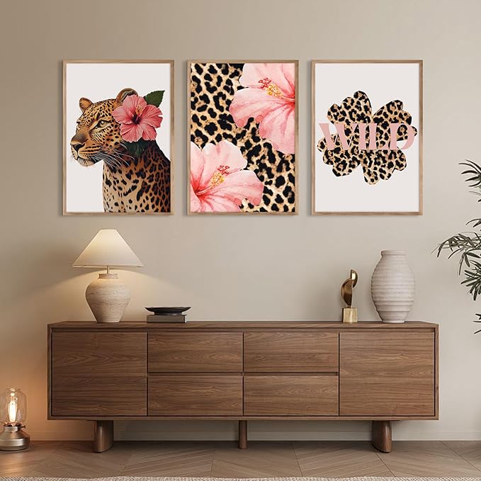Trendy Leopard Wall Art Pink Cheetah Print Room Decor Leopard Flower Canvas Wall Decor Cheetah Aesthetic Poster Girly Pink Preppy Picture Funky Y2k Artwork for Girl Bedroom 16x24x3 Inch Unframed