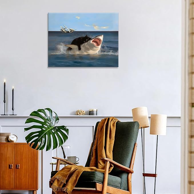 Yaneiro Framed Black Cat Bathroom Wall Art, Funny Quirky Cat and Shark Pictures Canvas Print, Abstract Black Cat Shark Posters Wall Decor for Room Bedroom Living Room Bathroom 12x16 in