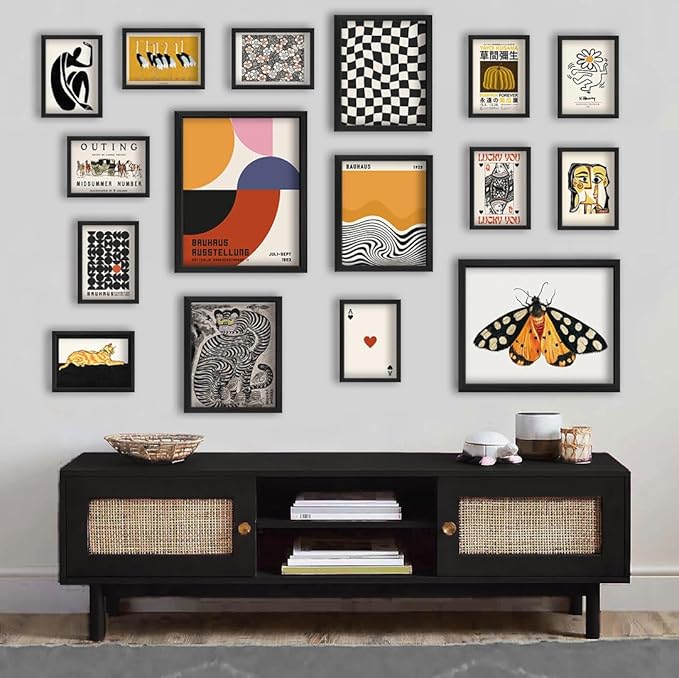 ANERZA 16 PCS Framed Eclectic Wall Art Decor, Modern Maximalist Wall Prints for Bedroom, Vintage Gallery Wall Frame Set, Bauhaus Funky Posters for Home Decor, Retro Abstract Dorm Collage Kit
