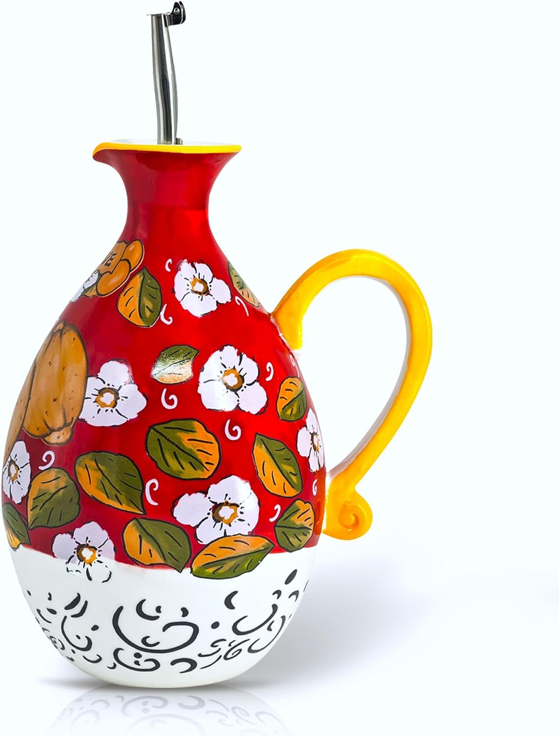 Hand-Painted Ceramic Olive Oil Dispenser Bottle – 40oz Decorative Stoneware Cruet with Stainless Steel Pour Spout – Elegant Kitchen Oil & Vinegar Container, Ideal for Coffee Syrups & More