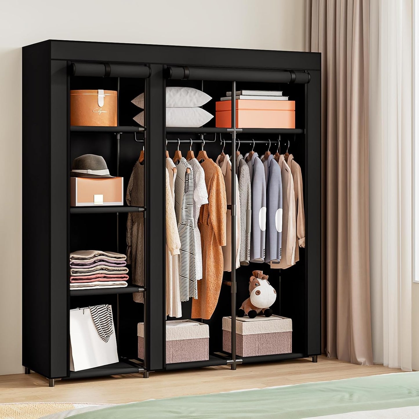 SORCEDAS Portable Wardrobe Closet Storage Organizer Metal Hanging Rack Non-Woven Fabric (Black, 51 Inch)