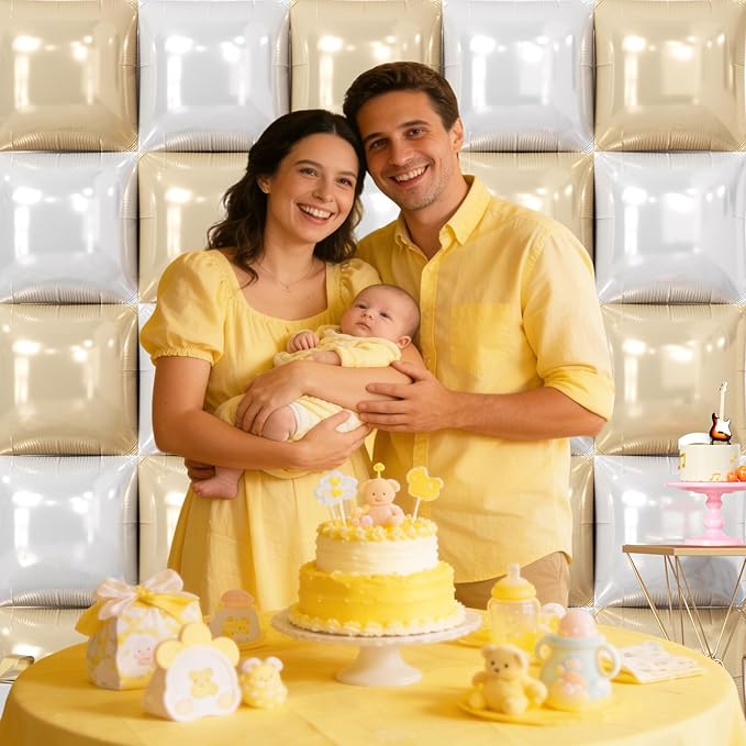 NISOCY 25PCS Beige White Square Foil Balloons Wall Backdrop Double Sided Sand Pearl White Balloon Arch Kit for Birthday Baby Bridal Shower Graduation Gender Reveal Engagement Party Decoration