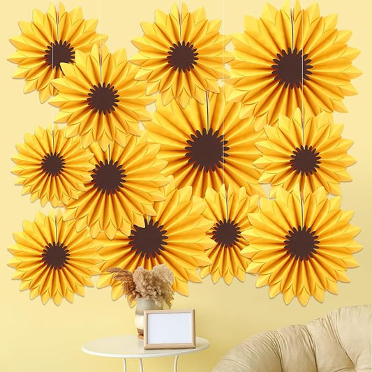 Containlol 12 Pcs Paper Flowers Decorations for Wall Sunflower Daisy Paper Fans Classroom Decoration 3D Floral Hanging Fans for Birthday Wedding Baby Shower Spring Decor(Yellow,Sunflower)