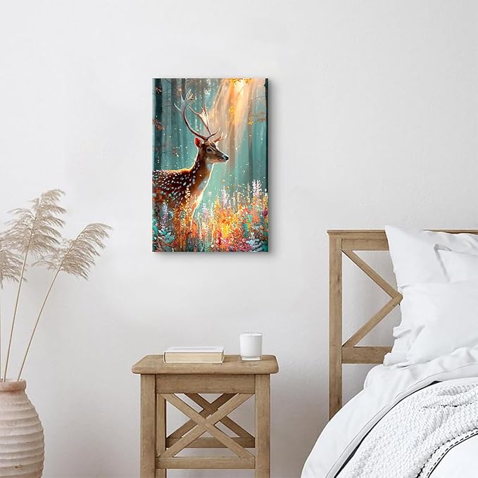 Fall Flower Wall Art Deer Wall Decor Autumn Forest Landscape Painting Wildlife Animal Canvas Prints Watercolor Wildflower Pictures Gold Woodland Artwork for Kitchen Living Room Home Decorations 16x24"