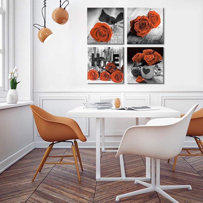 Burnt Orange Wall Art Floral Wall Art for Living Room Bathroom Vintage Rose Flower Pictures Couples Bedroom Rustic Modern Black and White Canvas Print Office Kitchen Home Decoration 12×12" 4 Pcs/Set