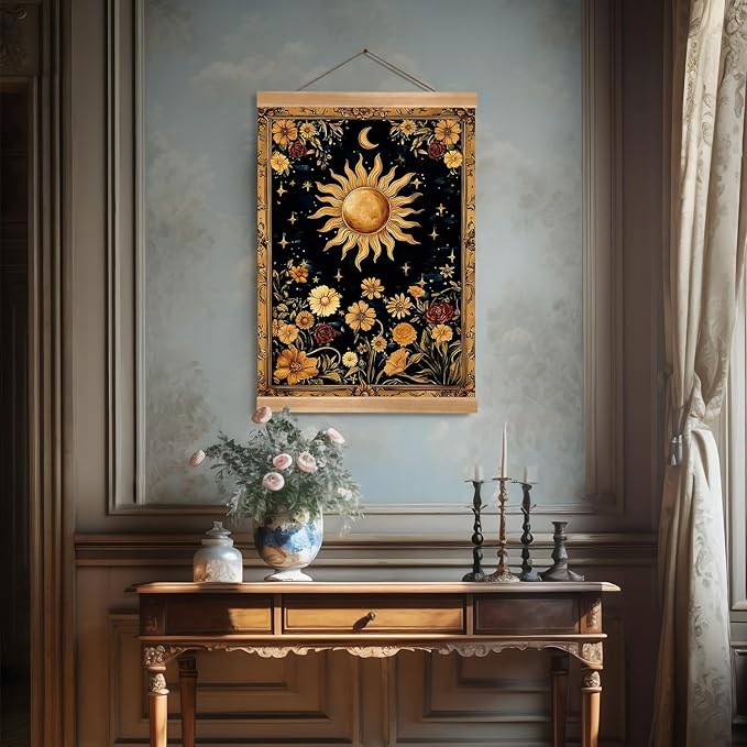 ZTGDA Sun and Moon Wall Art Decor– Vintage Hanging Wall Painting Abstract Poster with Solid Wood Frame, Boho Wall Decor,Mystical Celestial Floral Poster for Bedroom, Office(Sun)
