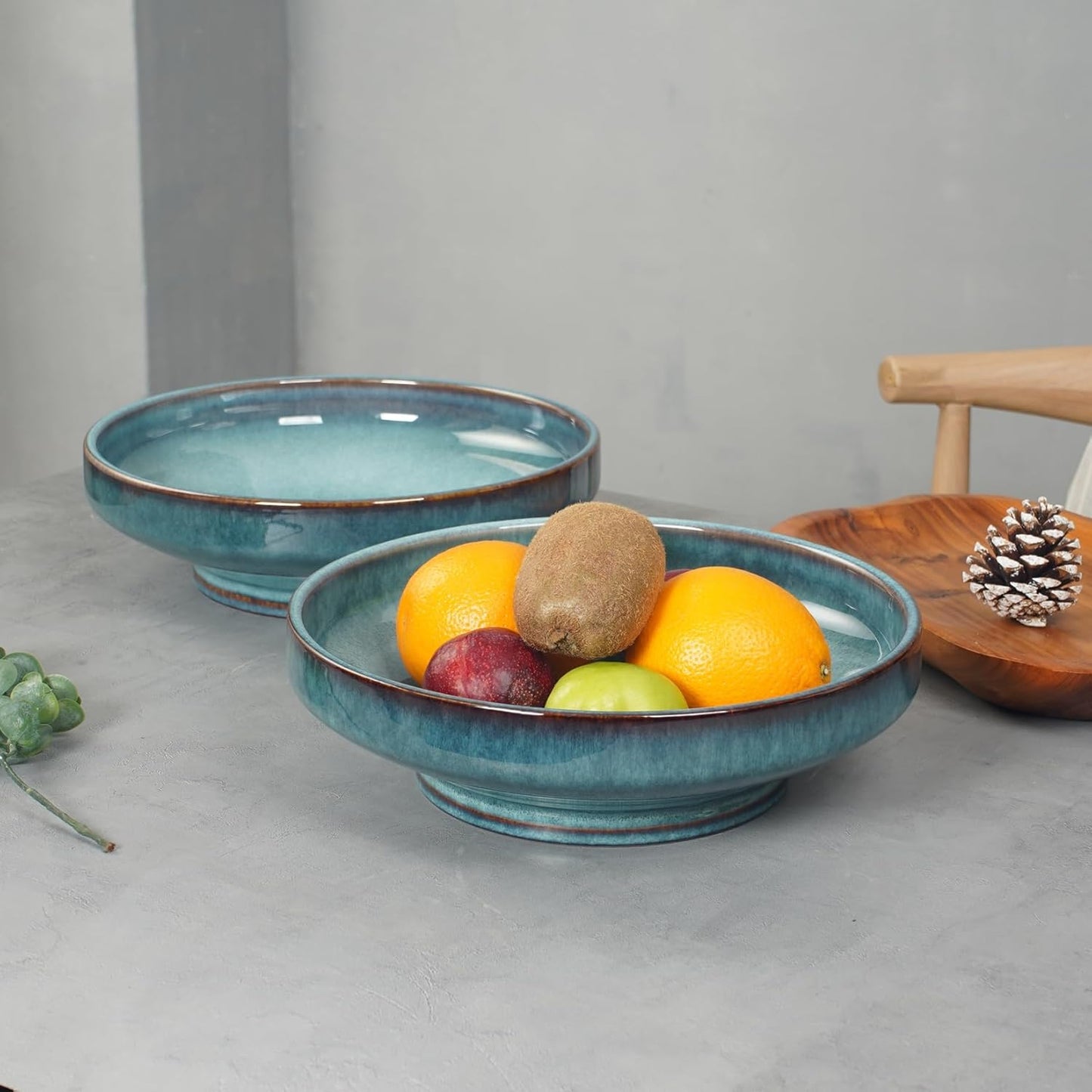 Ceramic Fruit Bowl for Kitchen Counter,Decorative Pedestal Bowl for Table Countertop,Large Footed Serving Bowl,10.2 Inch (Blue)