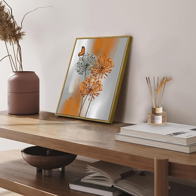 LB Orange Dandelion Framed Wall Art with Butterfly - Modern Orange Grey Canvas Wall Art for Home Contemporary Aesthetic Wall Decor for Home, Ready to Hang 17x12 Inch, Living Room Bedroom Bathroom Decor