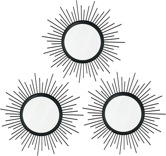 3 Pack Metal Mirrors for Wall Sunburst Wall Mirrors Home Décor Decorative Hanging Wall Art for Living Room Bedroom Entryway (Black, Sunburst)