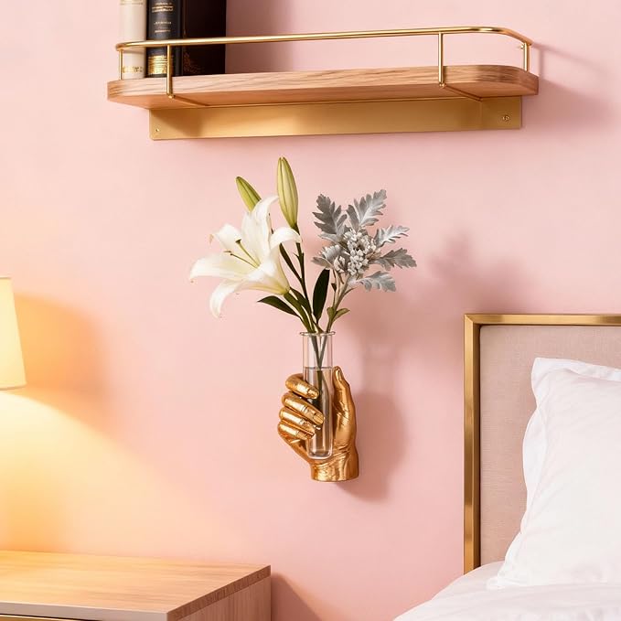 Gold Wall Hand Vase,Vintage Art Decor,Life-Size Hand Sculpture with Glass Test Tube Vase,Unique Wall Art Statue for Indoor or Outdoor,Maximalist Boho Whimsical Decor, for Women
