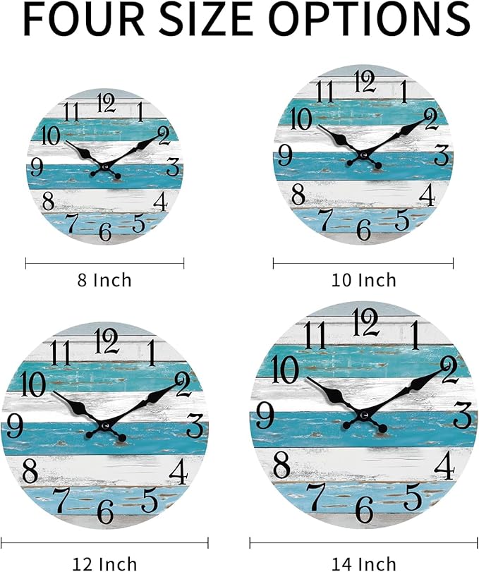 Wall Clock Battery Operated 12 Inch Outdoor Beach Style Blue Coastal Retro Silent Non Ticking Decorative for Bathroom Kitchen Living Room Bedroom