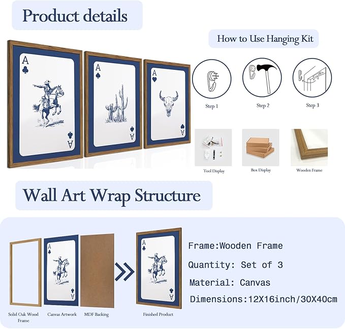 Western Wall Art Set of 3, Blue Cowboy Wall Decor Trendy Southwestern Playing Card Longhorn Bull Skull Poster Canvas Aesthetics Prints for Bedroom Living Room 12x16 inch Wood Framed