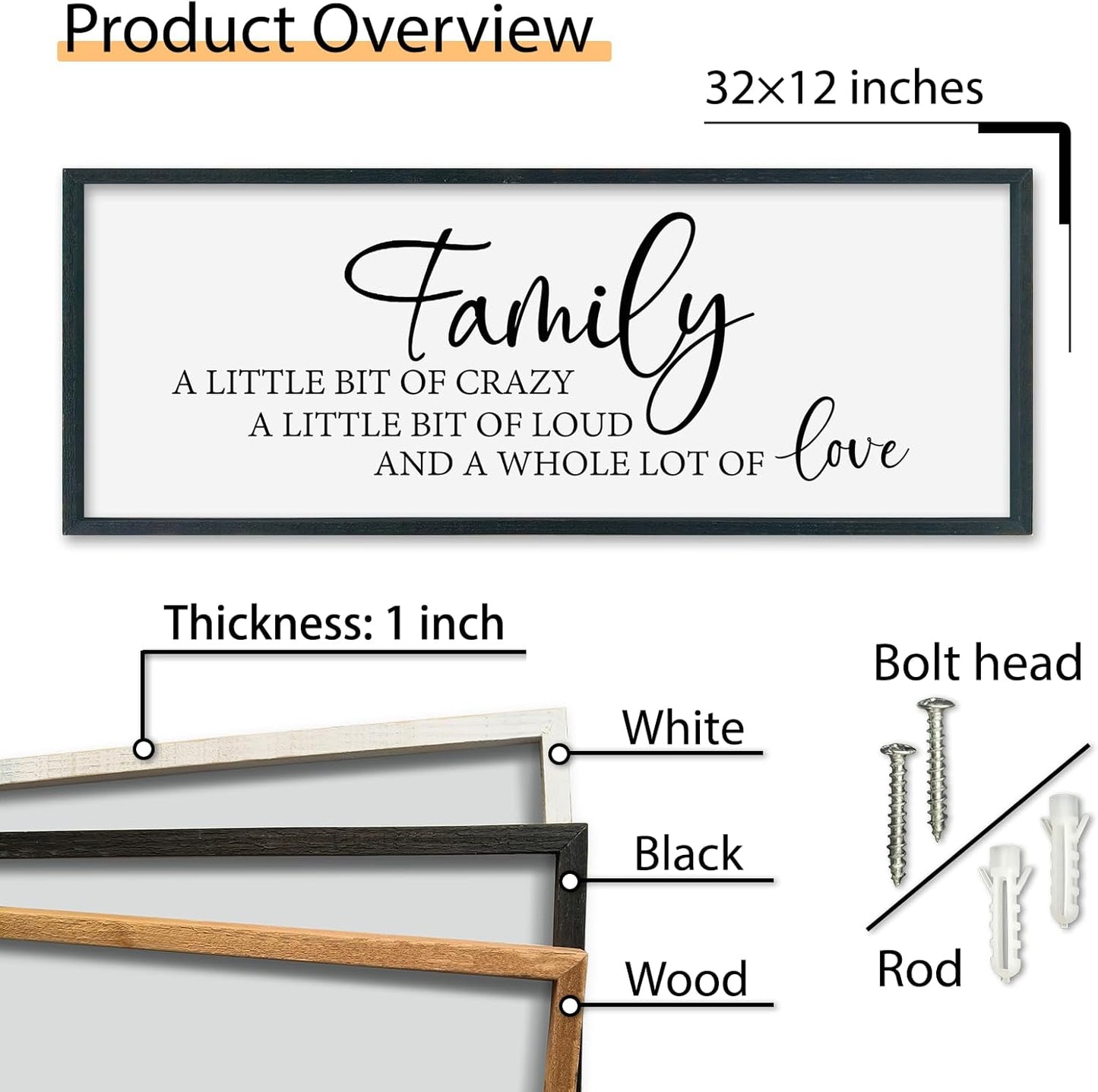 SRSZHIYUE Family A Little Bit Of Crazy Loud Sign Wall Decor Art 32"×12" Large Wood Framed Wall Hanging (Black)