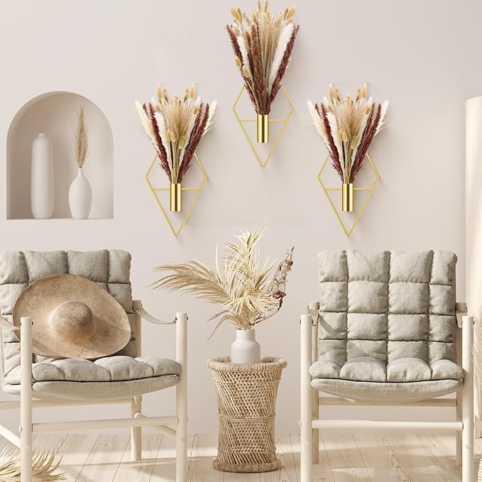 Hanaive 4 Sets Boho Gold Wall Decor Metal Wall Art Hanging Planters with Artificial Pampas Display Art Modern Home Metal Vase for Bedroom Room Home Office (Gold,Mixed Style)