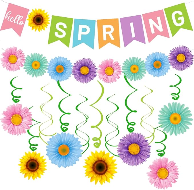 Hello Spring Banner Colorful Flower Hanging Swirls Sun Flowers Daisy Pattern Hanging Banner for Spring Easter Party Decorations Mantle Fireplace Indoor Outdoor Home Classroom Decorations