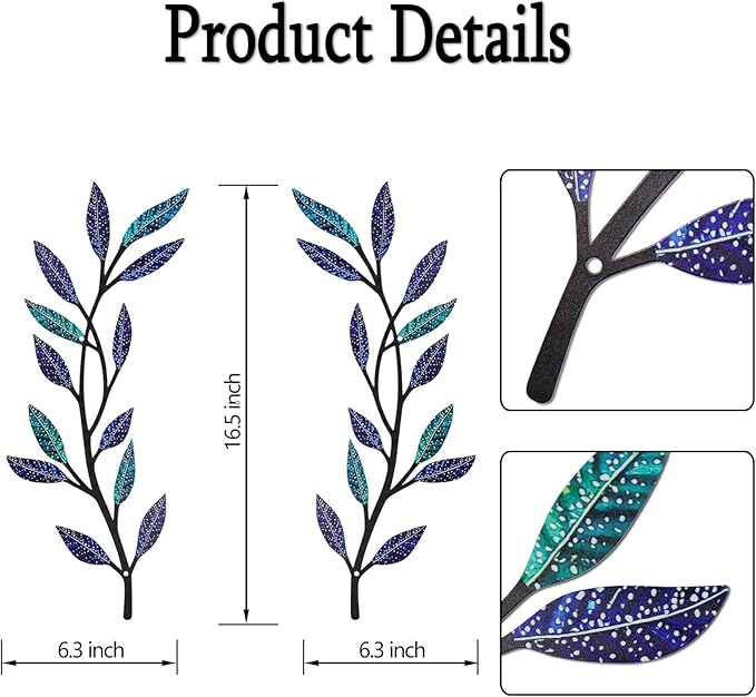 Metal Tree Leaf Wall Decor 2 PCS Rustic Vine Branch Leaf Wall Art for Living Room Bedroom Bathroom Decorations - Frosted Starlight