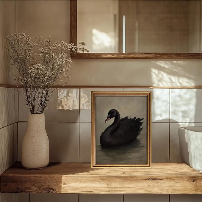Aroutde Swan Pictures Wall Decor for Living Room, Vintage Gold Framed Black Swan Printing Canvas Wall Art, Rustic Farmhouse Animal Picture for Home Bedroom Bathroom Decoration (16L''x12W'', Framed)
