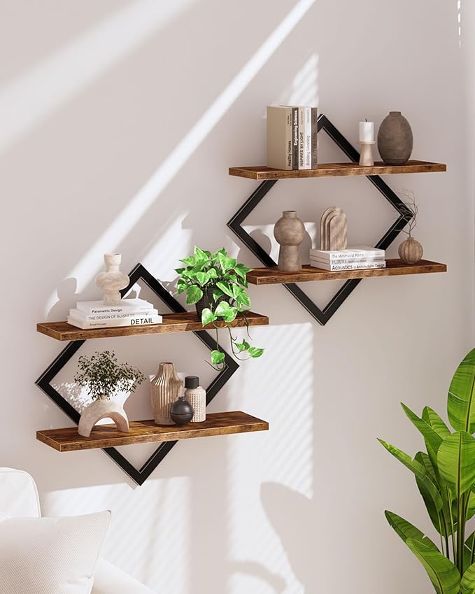 Floating Shelves, Set of 2 Wall Shelves, 2-Tier Hanging Shelves, Wall Shelf Set of 2, Wall Mounted Shelves, for Living Room, Bedroom, Kitchen, Office, Study, Rustic Brown TBJ01P2BF