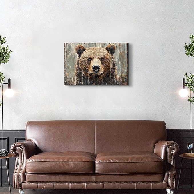 Farmhouse Wall Decor Bear Wall Art Rustic Animal Heads Pictures Funny Animal Canvas Prints Nature Wildlife Portrait Painting Modern Artwork for Kid Bedroom Living Room Home Decoration 16x24"