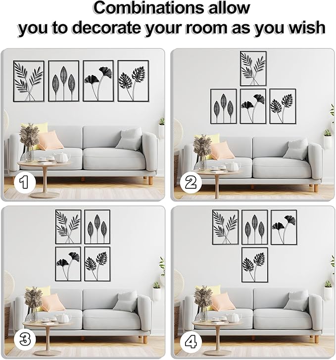 QXSXKJ Black Metal Wall Decor Framed, Minimalist Abstract Black Line Art DéCor, 3d Modern Metal Wall Art, 4 Piece Home Art for Living Room Bedroom Bathroom