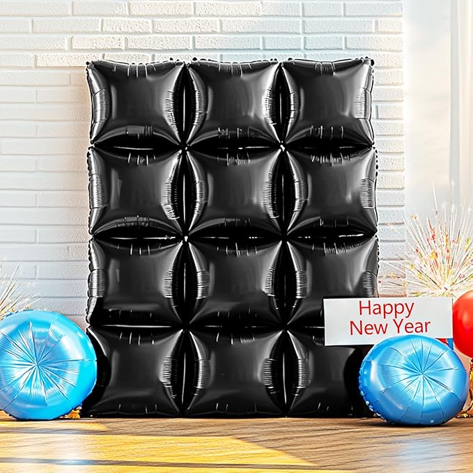 NISOCY 25PCS Black Square Foil Balloons Wall Backdrop Metallic Double Sided Black Balloon Tunnel Arch Kit for 2026 New Year Birthday Baby Shower Graduation Party Decorations