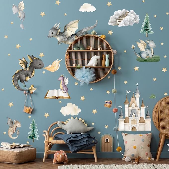 Dragon Wall Stickers,Peel and Stick Colorful Flying Dragon,Castles, White Clouds, Stars.Tree Self-Adhesive Mural，Removable Wall Sticker for Living Room Baby Nursery Kids Room Wall Decor (Multicolored)