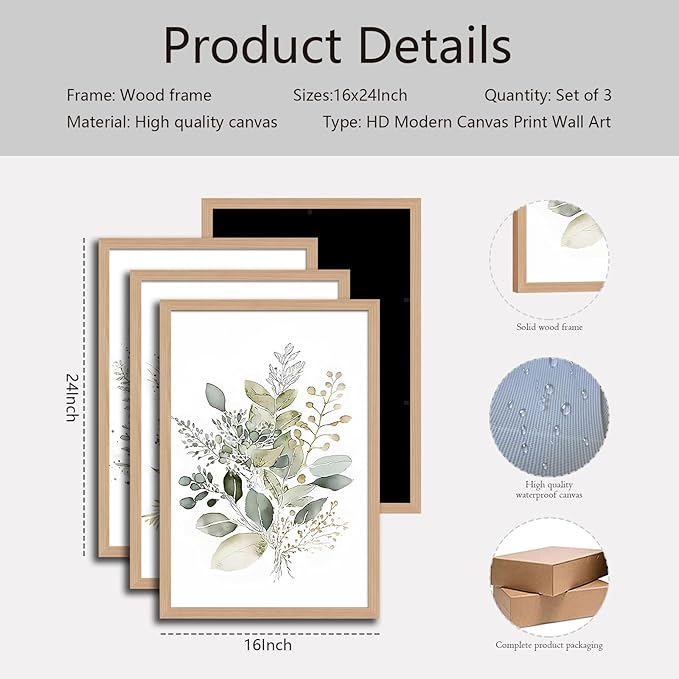 3Pcs Framed Sage Green Botanical Wall Art, Watercolor Canvas Prints Modern Green Plant White Floral Decor for Bedroom Living Room Bathroom Nursery, Ready to Hang wooden frame 16x24In