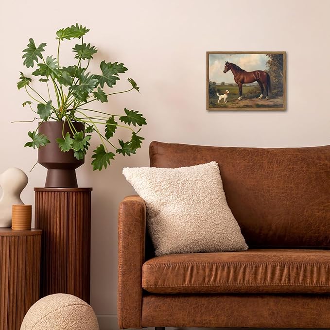 Framed Vintage Wall Art, Rustic Horse and Dog Pictures Wall Decor, Farmhouse Animal landscape Paintings Canvas Prints Neutral Aesthetic Home Decor for Living Room Bedroom Bathroom Office 16x24 inch