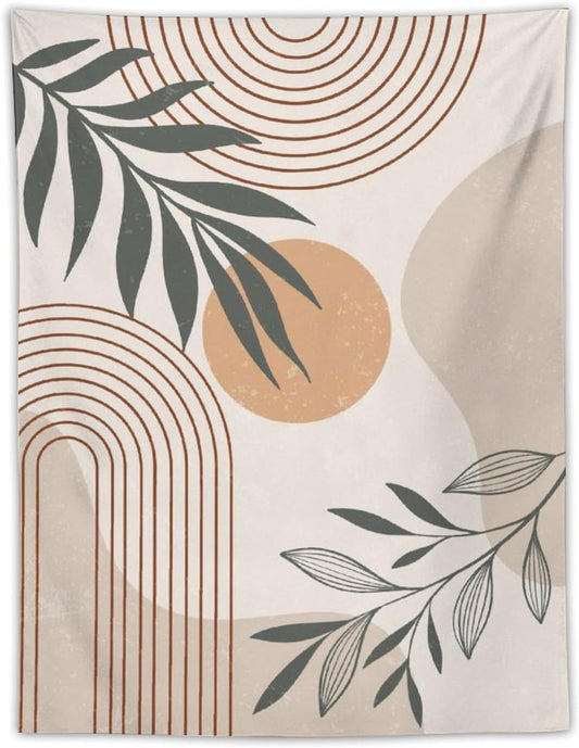 Abstract Boho Tapestry, Mid Century Tropical Tree Leaves Modern Geometric Arch Bohemian Botanical Tapestry, Home Aesthetic Wall Hanging Art Decor for Living Room Bedroom Dormitory 60x60 Inch