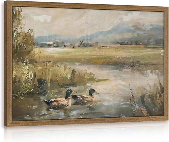 Clicyre Vintage Mallard Duck Swimming on Pond Canvas Wall Art Decor, Rustic Wildlife Nature Painting for Cabin Lake House Woodland Lodge, Framed Waterfowl Bird Pictures for Man Cave Men's Gift, 16x24