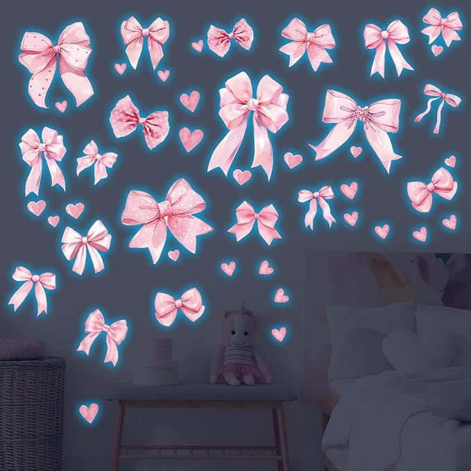 Glow in The Dark Pink Bow Wall Stickers Glowing Luminous Light Pink Bow Knot Wall Decals Watercolor Coquette Wall Art Decor Wallpaper for Nursery Kindergarten Girls Bedroom