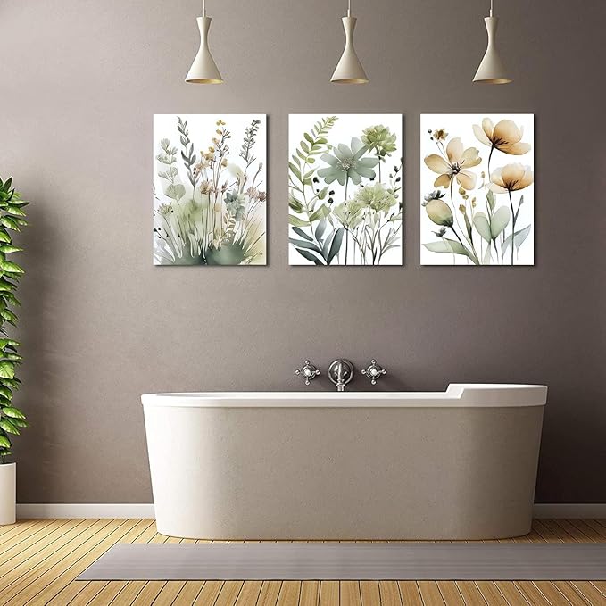 Sage Green Botanical Wall Art Set of 3 Boho Floral Art Wall Decor Minimalist Flower Posters Prints Pictures for Living Room Bedroom Bathroom or Entryway Decoration12x16 Inch Framed