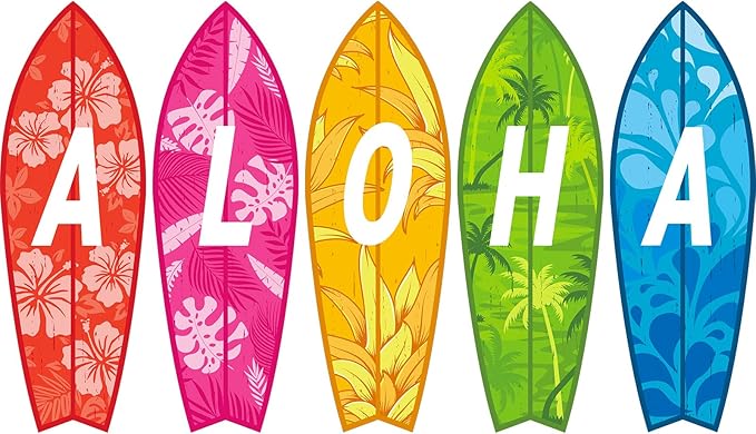 5 Pcs 28" Tall Summer Aloha Surfboard Cut Outs Accents Set Paper Beach Signs Cutouts Wall Decor for Hawaii Tropical Pool Surf Party Bulletin Board Decorations