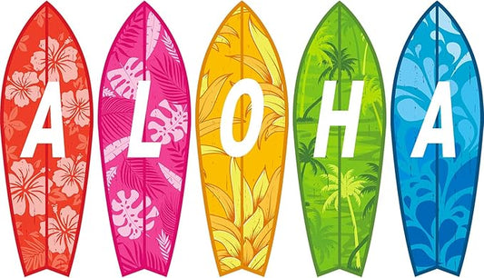 5 Pcs 28" Tall Summer Aloha Surfboard Cut Outs Accents Set Paper Beach Signs Cutouts Wall Decor for Hawaii Tropical Pool Surf Party Bulletin Board Decorations