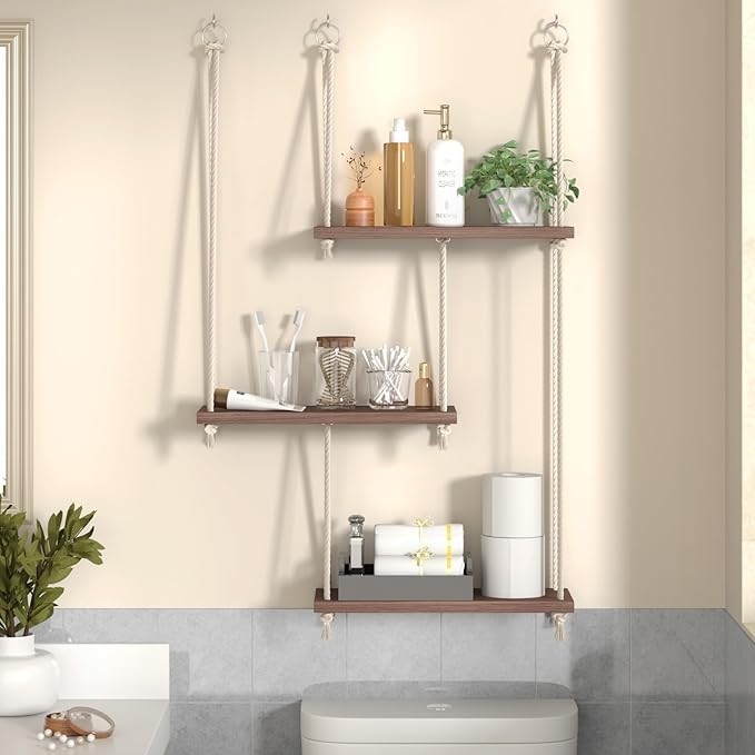 Hanging Shelves for Wall with Vine Lights, 3 Tier Rope Wall Hanging Plant Shelf, Boho Wall Decor Aesthetic for Succulents, Bedroom, Living Room, Bathroom (Rustic Brown)
