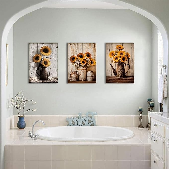 AOYUSMO 3 Piece Sunflower Wall Art Rustic Vintage Floral Canvas Wall Art Flower in Pitcher Pictures Wall Decor Farmhouse Art Prints for Kitchen Living Room Bedroom 12"x16" Framed