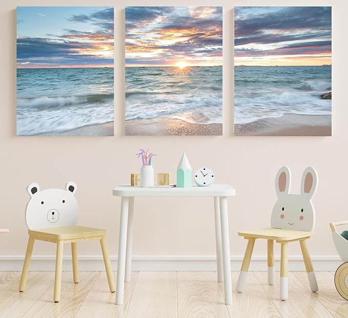 Yxbhhym Living Room Wall Art Coastal Artwork Picture Beach Sunset Canvas Prints Painting 3 Panels Framed Ocean Room Decor for Bedroom Decor Bathroom Office Artwork Home Decorations