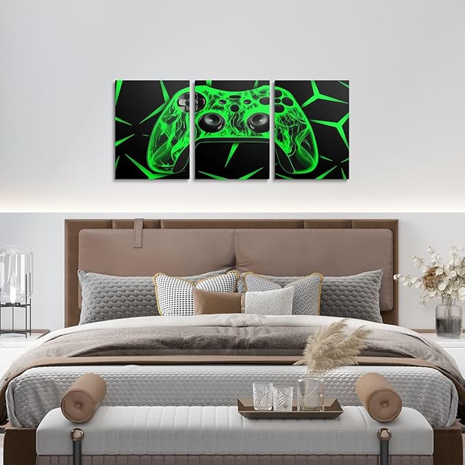 Feelyou Gamer Bathroom Wall Art for Home Decor Gamepad Canvas Wall Art for Bedroom Girls TeensGaming Gifts Office Wall Artwork Posters 12" x 16" 3 Piece Game Controller Green Wall Painting