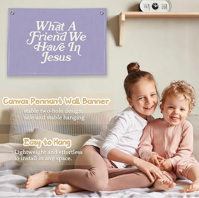 RTXLEZM Kids Room Decor-What a Friend We Have in Jesus Christian Canvas Banner Wall Hanging,Purple Minimalist Bible Verse Wall Art Prints for Classroom, Nursery, Kids Room