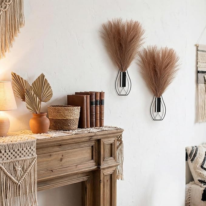 2 Pieces Hanging Plant Wall Decor with Artificial Pampas Grass Metal Hanging Vase Modern Geometric Farmhouse Bohemian Wall Art for Living Room Bedroom Kitchen Office (Black, Light Brown)