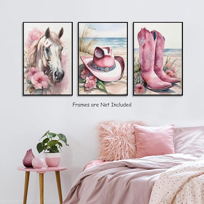 Djmwtb Coastal Cowgirl Canvas Wall Art Western Girl Room Decor Set of 3 Pink Flower Boots Hat Horse Pictures Trendy Preppy Posters Prints Watercolor Painting for Dorm Bedroom 16x24in Unframed