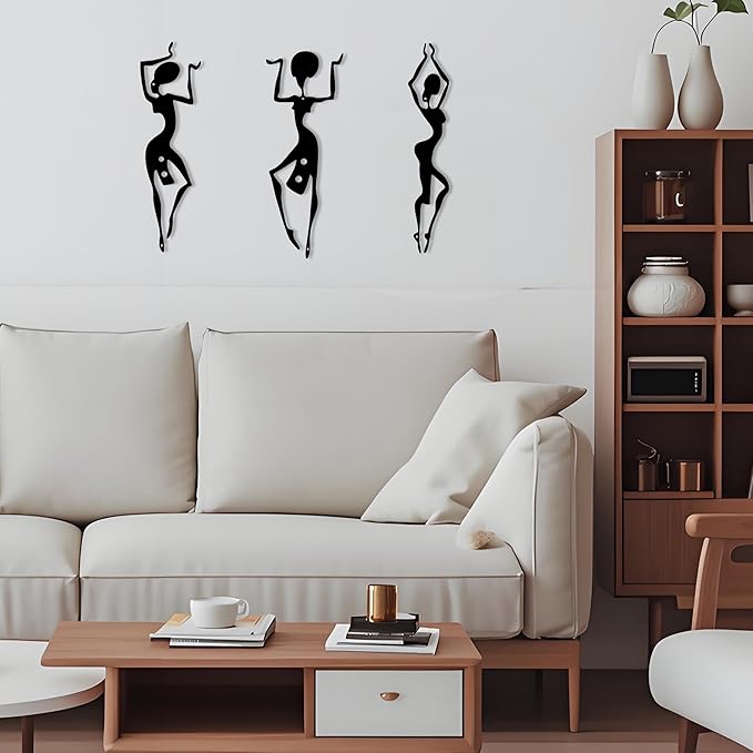 DICYWUDI 3 Pieces African Black Metal Wall Arts, Rustic Farmhouse Decor, Ethnic Dance Style Drawing Wall Art for Indoor Kitchen Bathroom Bedroom Living Room Dining Room