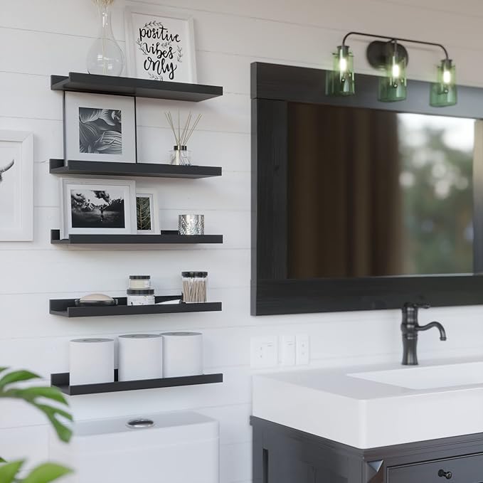 RICHER HOUSE 5 Set Floating Wall Mounted Shelves, Black Shelves for Wall Decor, Modern Picture Ledge Shelf with Lip for Storage, Nursery, Bedroom, Living Room, Bathroom - Black (Pack of 2)
